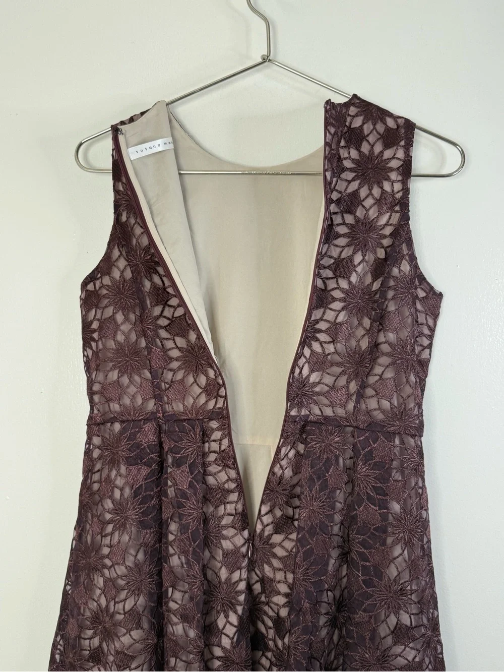 Susana Monaco burgundy lace sleeveless fit and flare mini dress 6